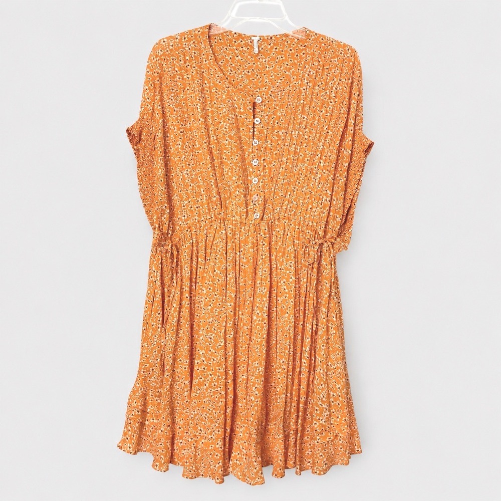 Free People One Fine Day Mini Dress Oversized XS Yellow Ditsy Floral Boho
 Flowy